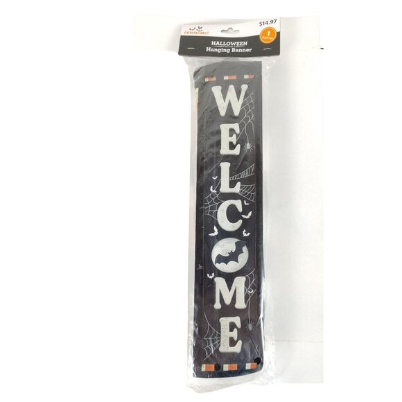 Halloween Welcome Bat Spider Web 72 inch Vertical Hanging Banner Decoration - Picture 2 of 4